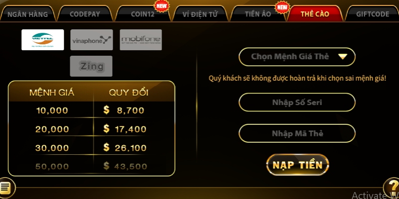 Biểu mẫu gửi tiền TOP88 bằng thẻ cào