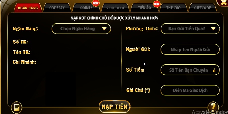 Thực hiện theo hướng dẫn để nạp tiền vào acc bằng chuyển ngân hàng